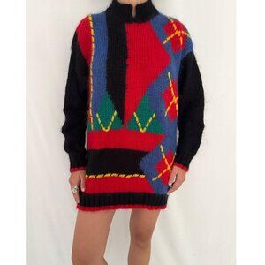 80s vintage multicolor winter abstract geometric mohair turtleneck knit sweater